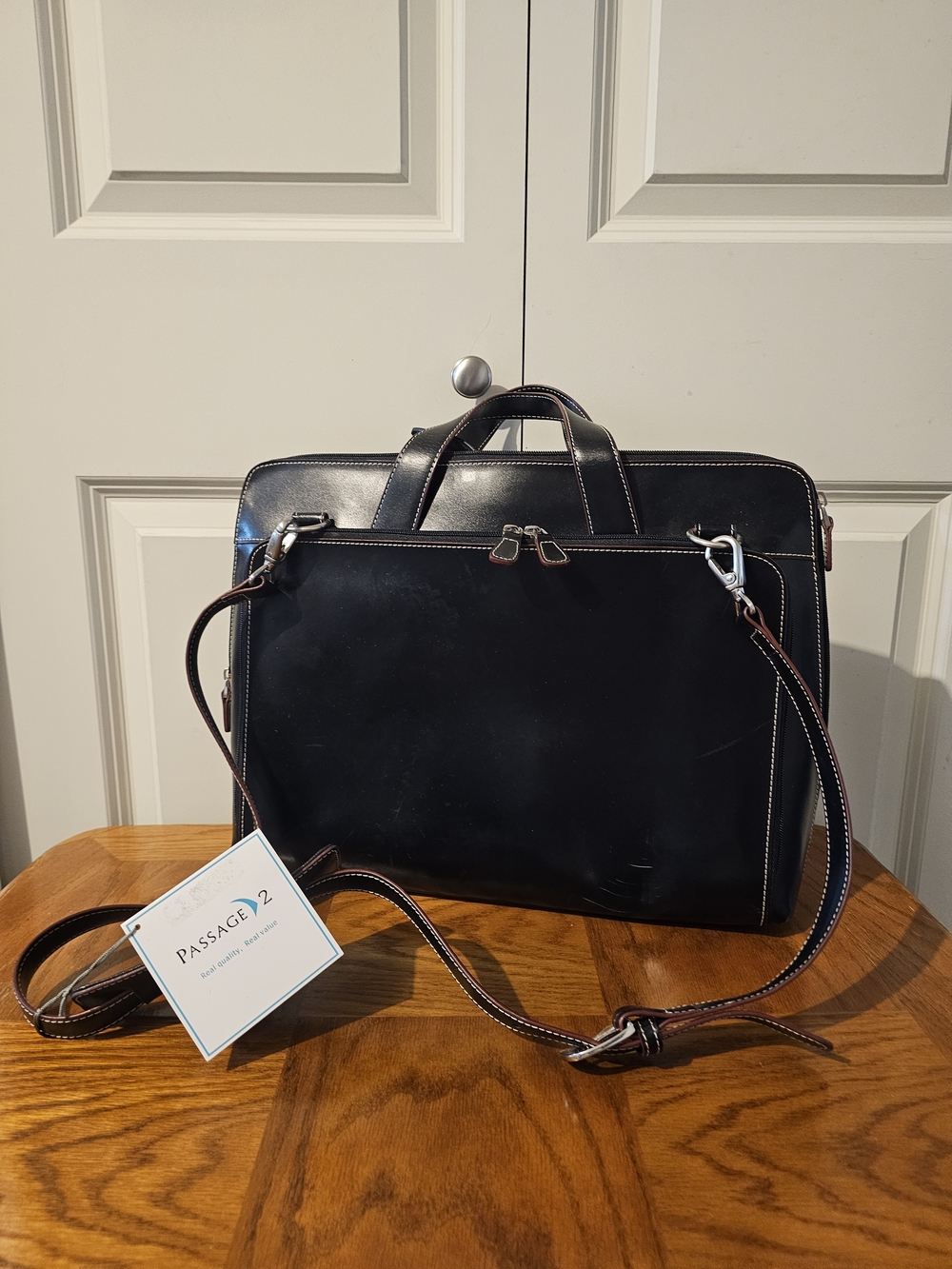 Passage 2 Classic Black Leather Briefcase with Removable Shoulder Strap